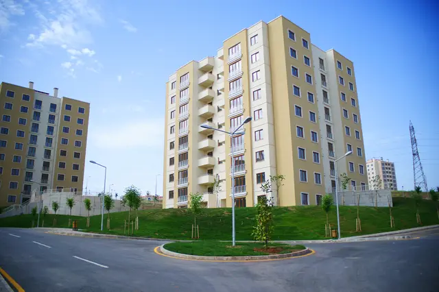 Apartment blocks with landscaped grounds