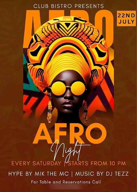 Event poster design in Nairobi for Afro Night at Club Bistro, with an orange and gold African headwrap theme