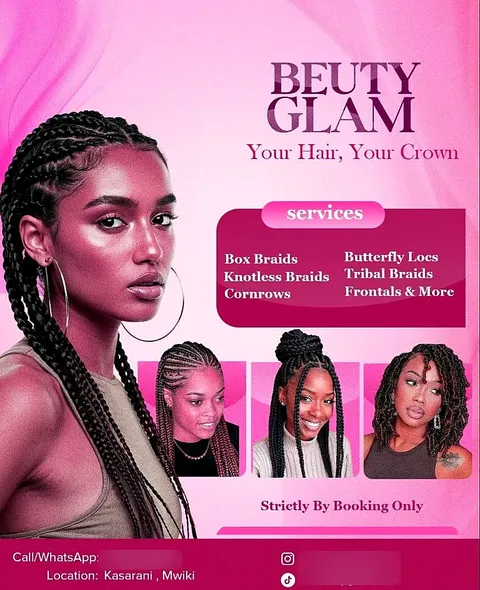 Salon poster design in Nairobi for Beuty Glam braiding services, in pink and magenta