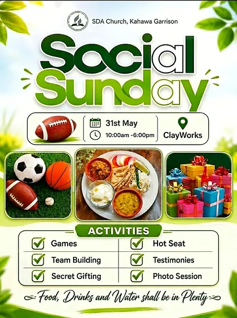 Church event poster design in Kenya for the Social Sunday at SDA Church, Kahawa Garrison, with a fresh green theme