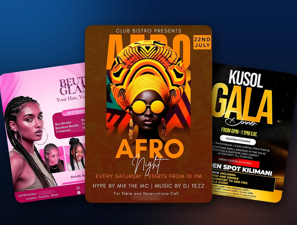 Collage of poster and flyer designs by Lirick Digital Hub: Afro Night, Beuty Glam and KUSOL Gala