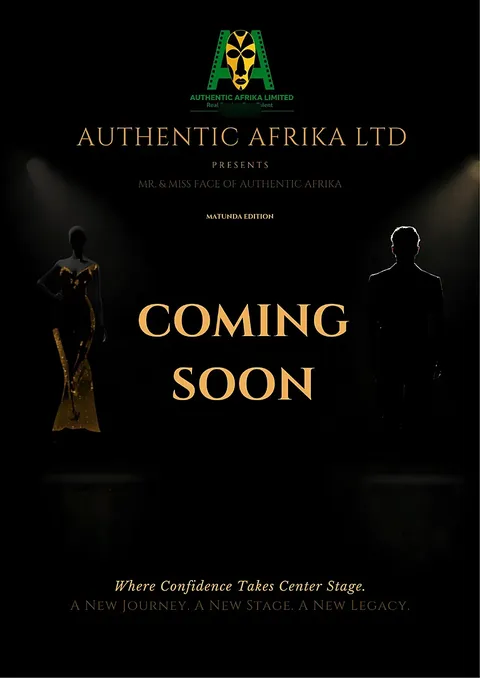 Event poster design in Nairobi: black and gold coming-soon poster for Mr. & Miss Face of Authentic Afrika, Matunda Edition
