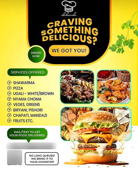 Food delivery flyer design in Nairobi listing shawarma, pizza, ugali and nyama choma, in yellow and green