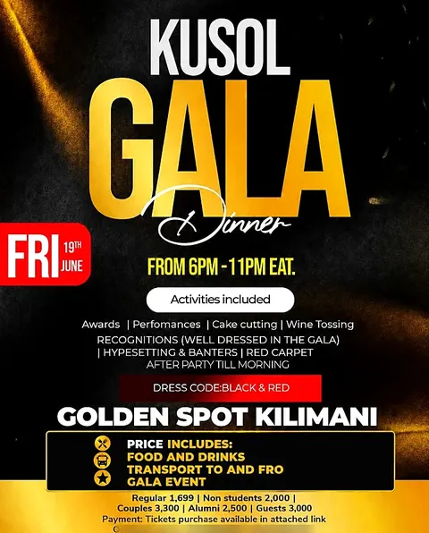 Gala dinner flyer design in Nairobi for the KUSOL Gala Dinner at Golden Spot Kilimani, in black, red and gold