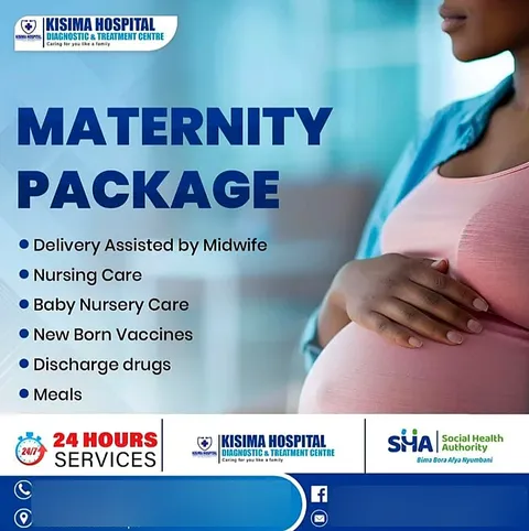 Hospital flyer design in Kenya for the Kisima Hospital maternity package, in blue with a service list