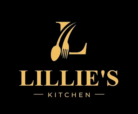 Logo design in Nairobi for Lillie's Kitchen, with a fork and spoon forming the letter L, in gold on black
