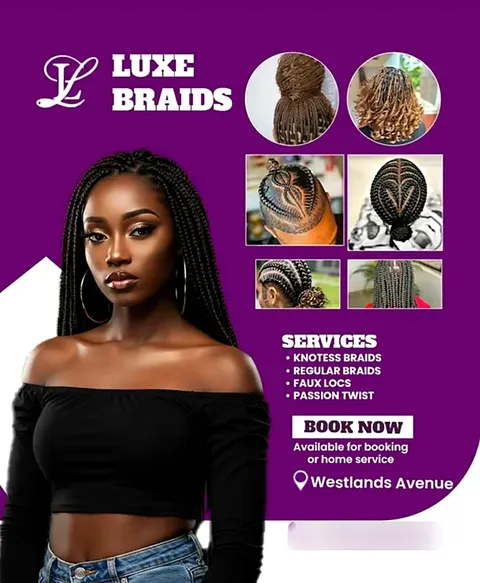 Hair salon flyer design in Nairobi for Luxe Braids with a services list and a book now button, in purple