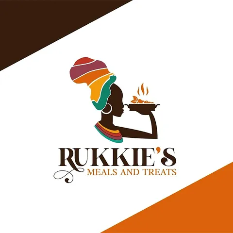 Logo design in Kenya for Rukkie's Meals and Treats, with an African woman in a colourful headwrap holding a hot dish