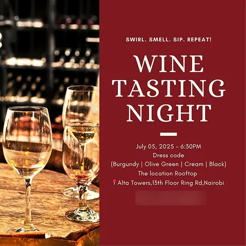 Wine tasting night poster design in Nairobi in burgundy with wine glasses and a rooftop dress code